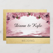 テンプレートの招待状を結婚する蝶ピンクの金ゴールド 招待状 (正面/裏面)