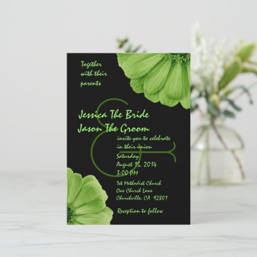 テンプレートを結婚するライムグリーンおよび黒のデイジー 招待状 (スタンド正面)