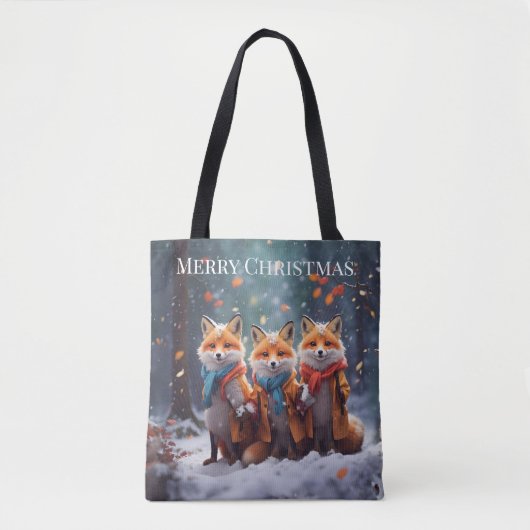 テンプレートトートバッグ雪の多い森の中のかわいいキツネ トートバッグ (正面)