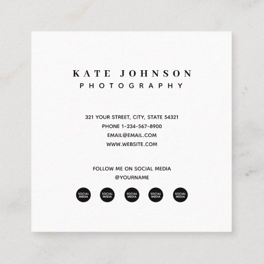 テンプレート写真QRコードソーシャルメディアのアイコン スクエア名刺 (裏面)