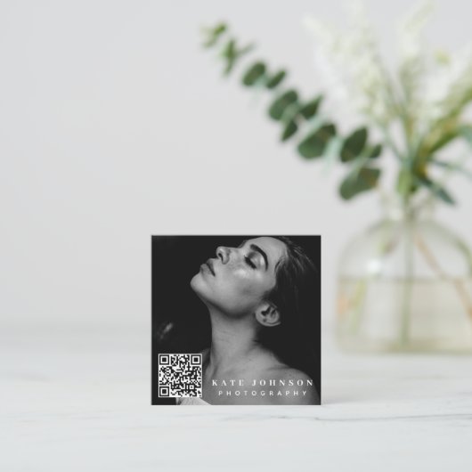 テンプレート写真QRコードソーシャルメディアのアイコン スクエア名刺 (スタンド正面)