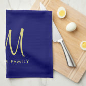 テンプレート金ゴールドモノグラムファミリー名ネイビーブルー キッチンタオル (四つ折り)