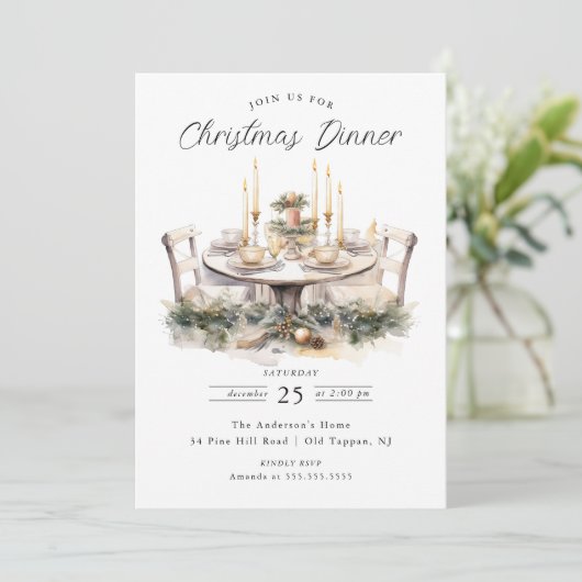 テーブエレガントルクリスマスディナー招待状 招待状 (スタンド正面)