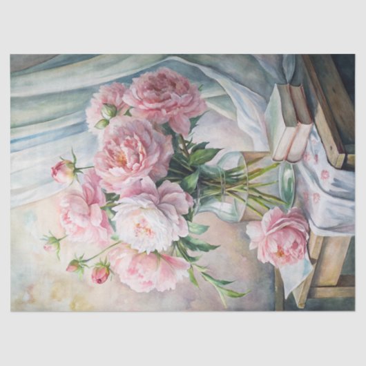 テーブルにエレガントピンクの牡丹が飾られた花瓶 薄葉紙 (正面)