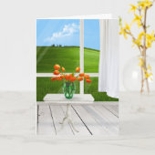 テーブルにオレンジ色のチューリップ カード (黄色い花)