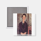 テーブルに座って座っているブタのチャイムポートレート マグネット (正面/裏面)