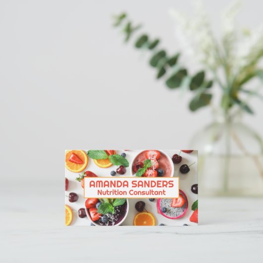 テーブルに散らばる果物とスムージー 名刺 (スタンド正面)