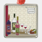 テーブルのワイングラスが付いているワイン・ボトル メタルオーナメント (正面)