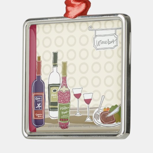 テーブルのワイングラスが付いているワイン・ボトル メタルオーナメント (左)