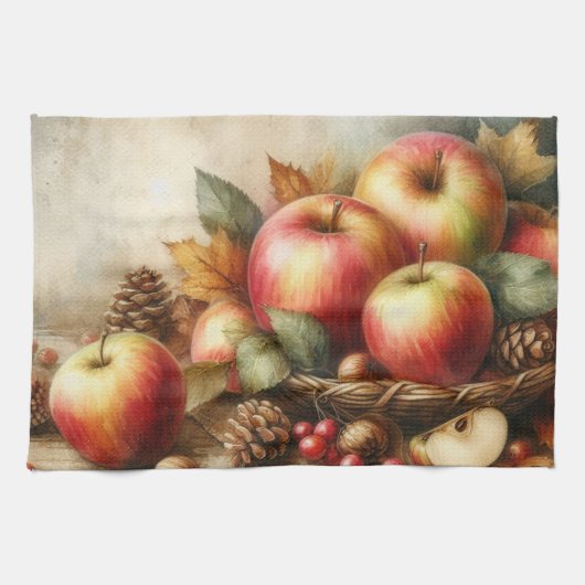 テーブルのヴィンテージ水色のリンゴのバスケット キッチンタオル (横)