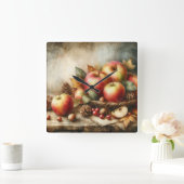 テーブルのヴィンテージ水色のリンゴのバスケット スクエア壁時計 (ホーム)