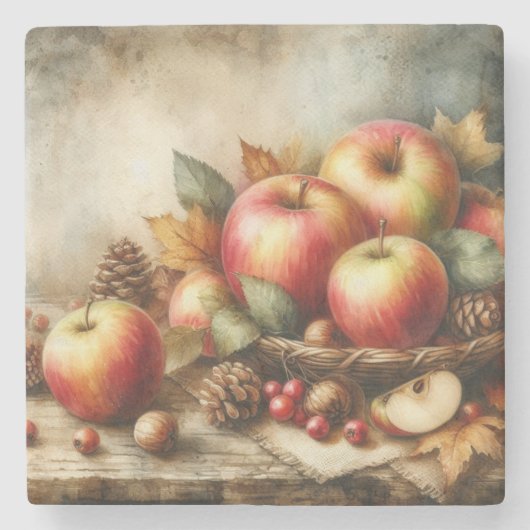 テーブルのヴィンテージ水色のリンゴのバスケット ストーンコースター (正面)