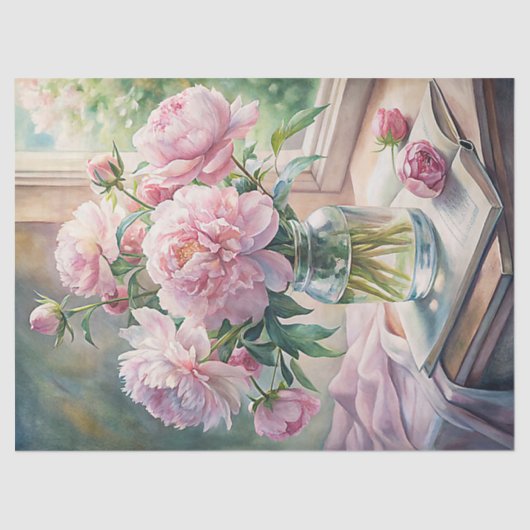 テーブルの上にピンクの牡丹が並んだ、みすぼらしいシックな花瓶 薄葉紙 (正面)