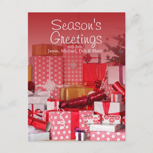 テーブルの上に大きなプレゼントの山 ポストカード (正面)