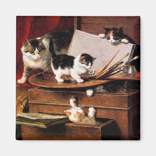 テーブルの上の母猫と子猫 マグネット (正面)