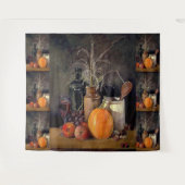 テーブルの上の秋の装飾、かぼちゃ、果物、飲み物 タペストリー (正面(横))