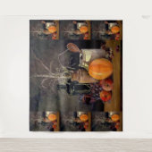 テーブルの上の秋の装飾、かぼちゃ、果物、飲み物 タペストリー (正面)