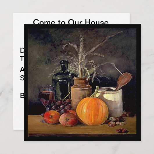 テーブルの上の秋の装飾、かぼちゃ、果物、飲み物 招待状 (正面/裏面)