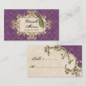 テーブルの座席-紫色のヴィンテージの孔雀及びエッチング プレイスカード (正面/裏面)
