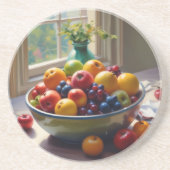 テーブルオイルの絵に果物をボウルに入れて コースター (正面)