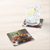 テーブルオイルの絵の上に座っている果物のボウル スクエアペーパーコースター (インサイチュ)