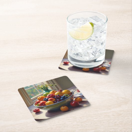 テーブルオイルの絵の上に座っている果物のボウル スクエアペーパーコースター (インサイチュ)