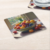 テーブルオイルの絵の上に座っている果物のボウル スクエアペーパーコースター (アングル)