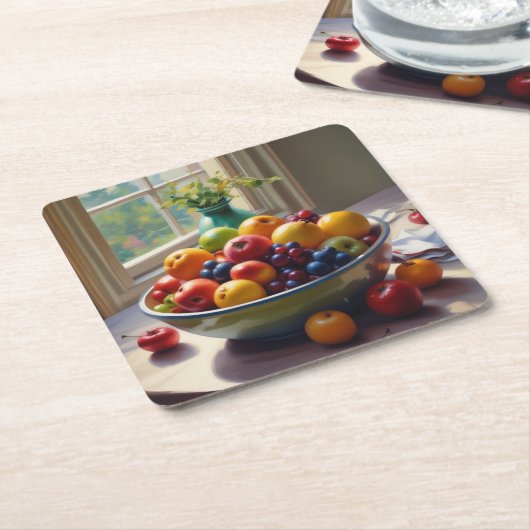 テーブルオイルの絵の上に座っている果物のボウル スクエアペーパーコースター (アングル)