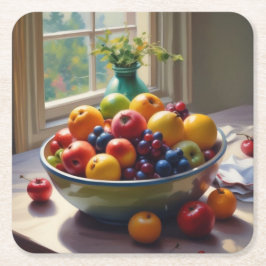 テーブルオイルの絵の上に座っている果物のボウル スクエアペーパーコースター
