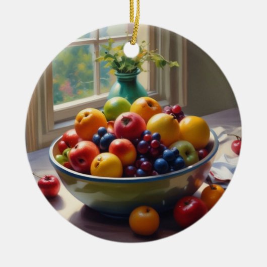 テーブルオイル塗装にフルーツクラシカルのボウル セラミックオーナメント (正面)