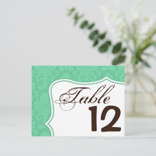 テーブルナンバーカードミントホワイトダマスクレースプリント ポストカード (スタンド正面)