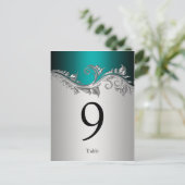 テーブルナンバーカードヴィンテージティール（緑がかった色）ブラックシルバー ポストカード (スタンド正面)