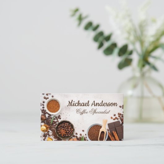 テーブル上のコーヒーメーカー用品 名刺 (スタンド正面)