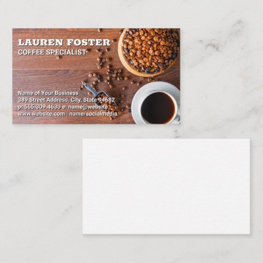 テーブル上のコーヒー豆とコーヒーカップ 名刺 (正面/裏面)