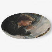 テーブル失ったに考え人が座った ペーパープレート (アングル)