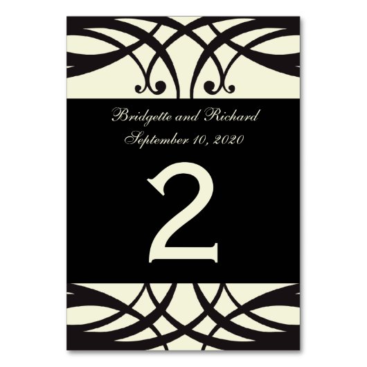 テーブル数カードを結婚する黒いクリーム色のアールデコ テーブルナンバー (正面)