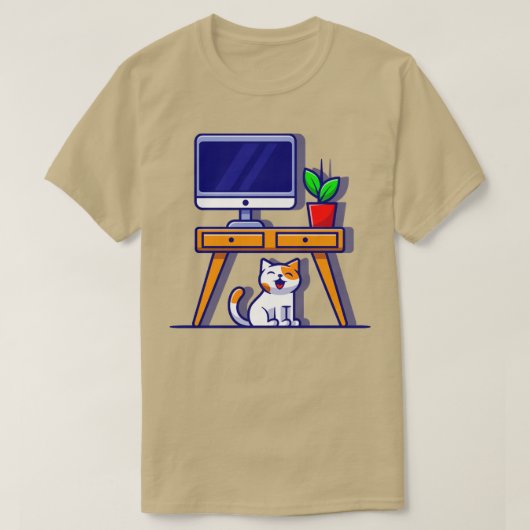 テーブル漫画の下にかわいい猫 Tシャツ (デザイン正面)