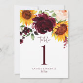 テーブル番号ひまわりバラブルゴーニュ結婚レッド 招待状 (正面)