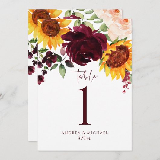 テーブル番号ひまわりバラブルゴーニュ結婚レッド 招待状 (正面/裏面)