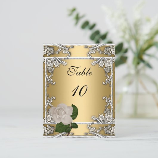 テーブル番号カードエレガントな結婚式金ゴールドクリームバラ ポストカード (スタンド正面)