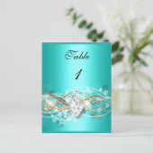 テーブル番号カードティール(緑がかった色)ブルー金ゴールドダイヤモンドジュエル ポストカード (スタンド正面)