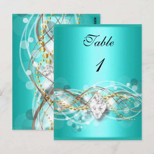 テーブル番号カードティール（緑がかった色）ブルー金ゴールドダイヤモンドジュエル ポストカード (正面/裏面)