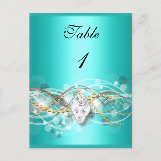 テーブル番号カードティール（緑がかった色）ブルー金ゴールドダイヤモンドジュエル ポストカード (正面)