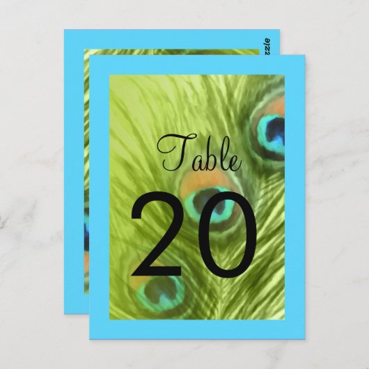 テーブル番号ターコイズブルーとライム孔雀 ポストカード (正面/裏面)
