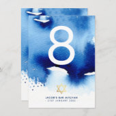 テーブル番号バー(ユダヤ教の)バル・ミツバー金ゴールド星青色水色 招待状 (正面/裏面)