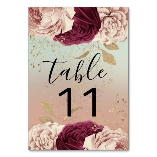 テーブル番号ピンク花模様バラ金ゴールドマルサラブルー テーブルナンバー (正面)