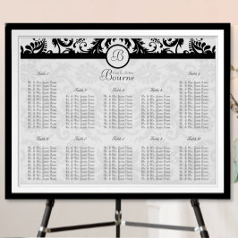 テーブル番号別ブラックダマスクの結婚式のシーティングチャート ポスター