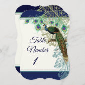 テーブル番号結婚のヴィンテージ孔雀フェザー海軍 招待状 (正面/裏面)