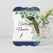 テーブル番号結婚のヴィンテージ孔雀フェザー海軍 招待状 (スタンド正面)