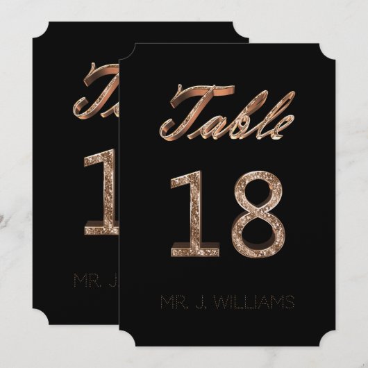 テーブル番号18 ブラックゴールド エレガントなエスコートカード 招待状 (正面/裏面)